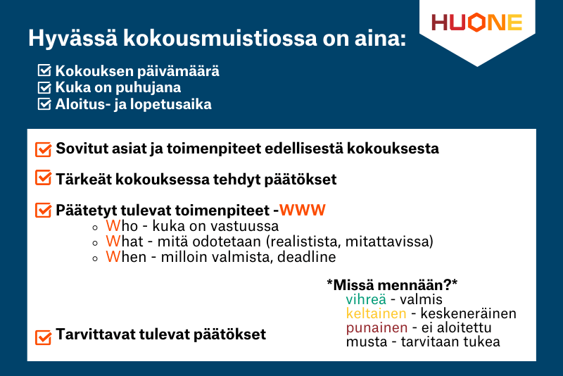hyvä kokousmuistio sisältää