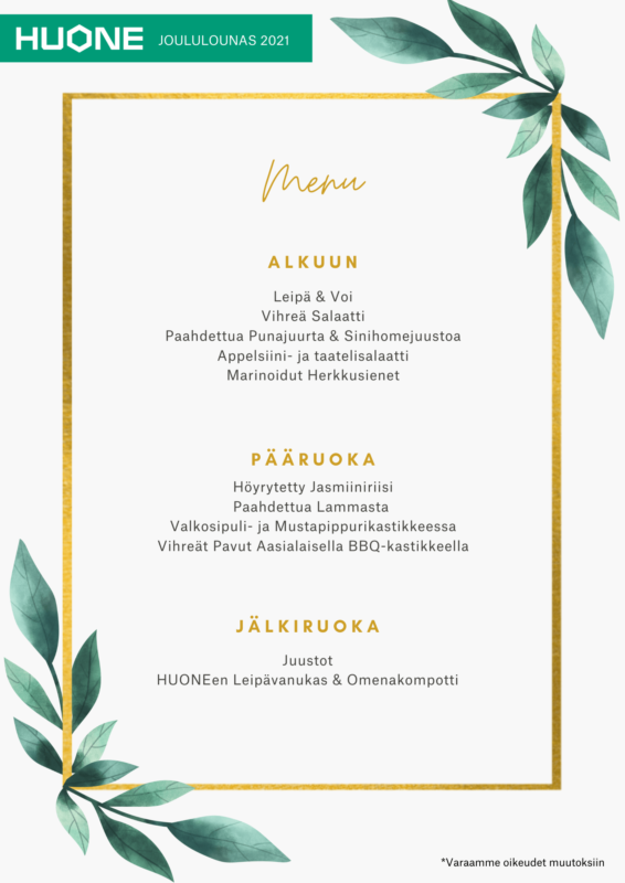 HUONE Helsinki Joululounas 2021 Esimerkkimenu